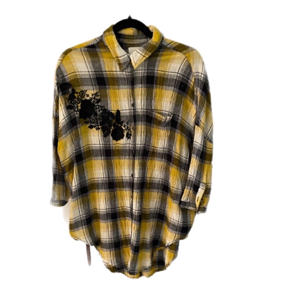 🔥 Maeve Plaid Embroidered Button Down Shirt XS/S – Yellow Black Hi-Low Tunic Top - Picture 2 of 12